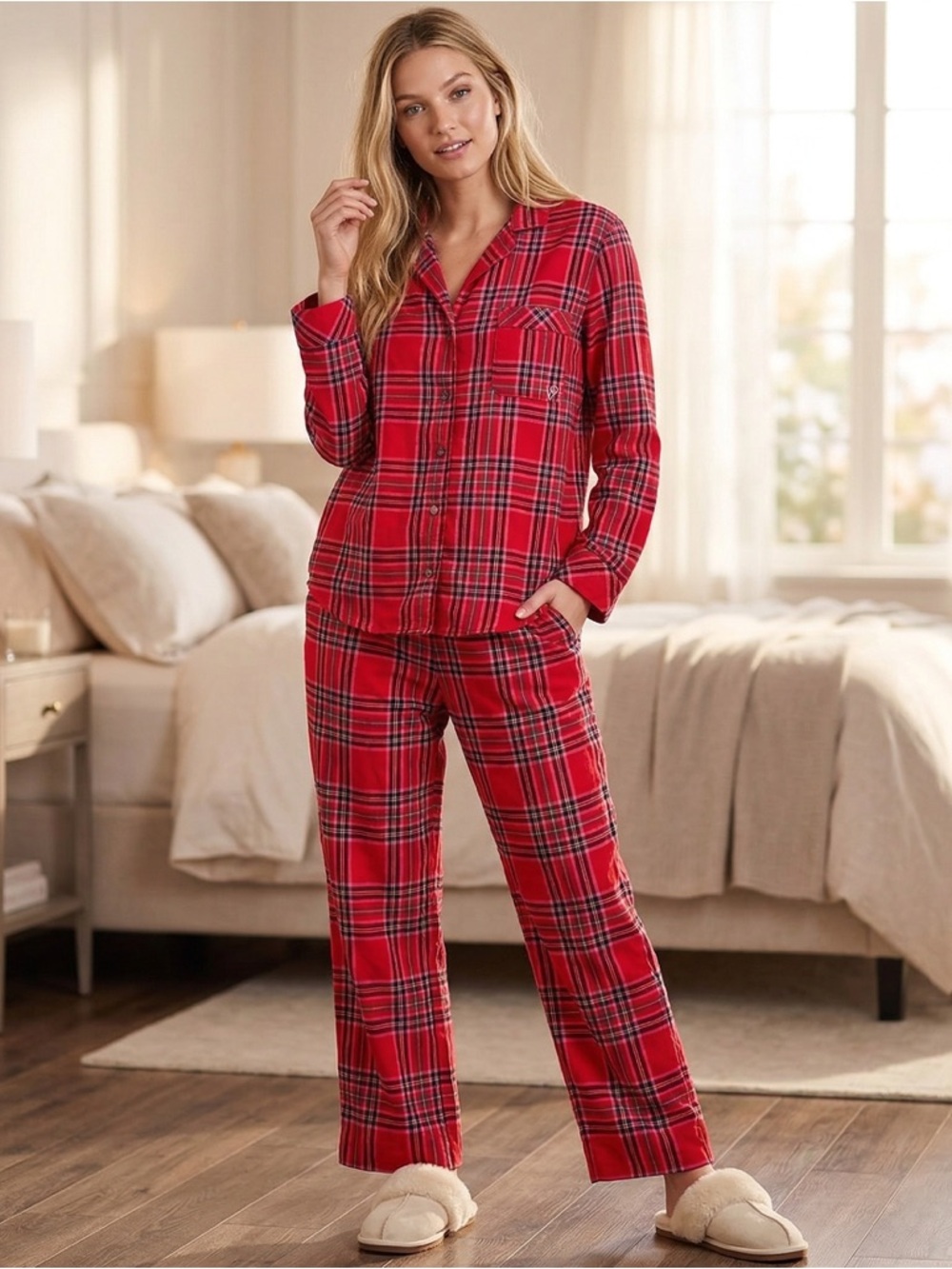 Victoria’s Secret Red & pink Plaid Pajamas Set Button Up Top & Pants Size XL